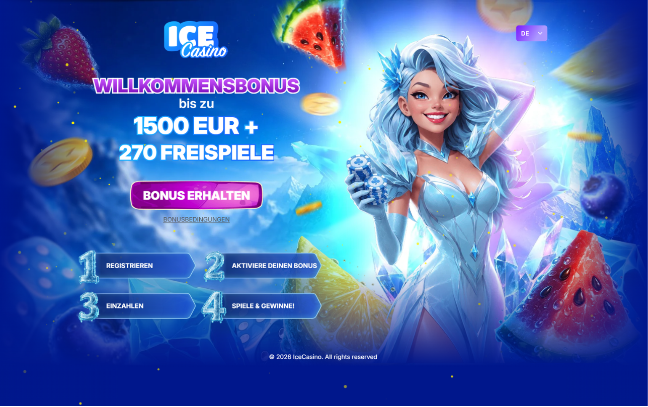 Ice Casino Willkommensbonus: 100% bis zu 120 Euro mit 120 Freispielen auf der Startseite