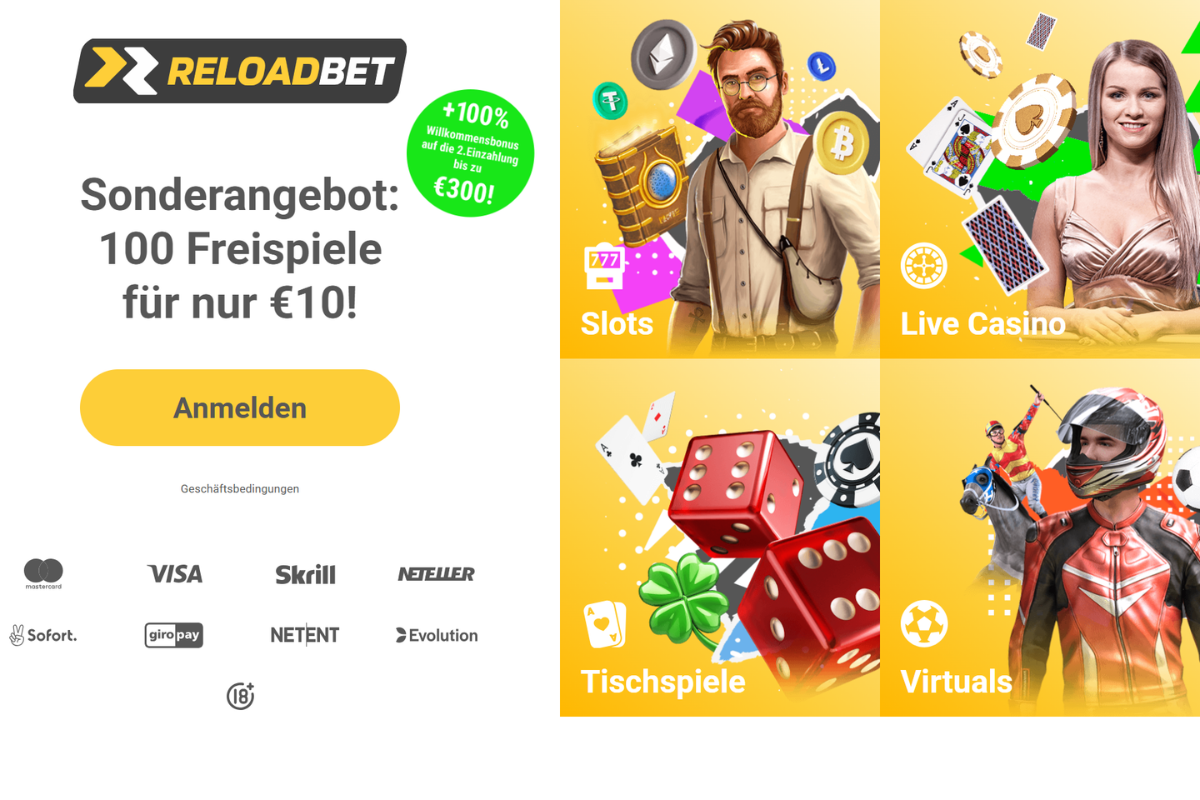 ReloadBet Casino Willkommensbonus: 100 Freispiele für 10 Euro Einzahlung mit Logos akzeptierter Zahlungsmethoden